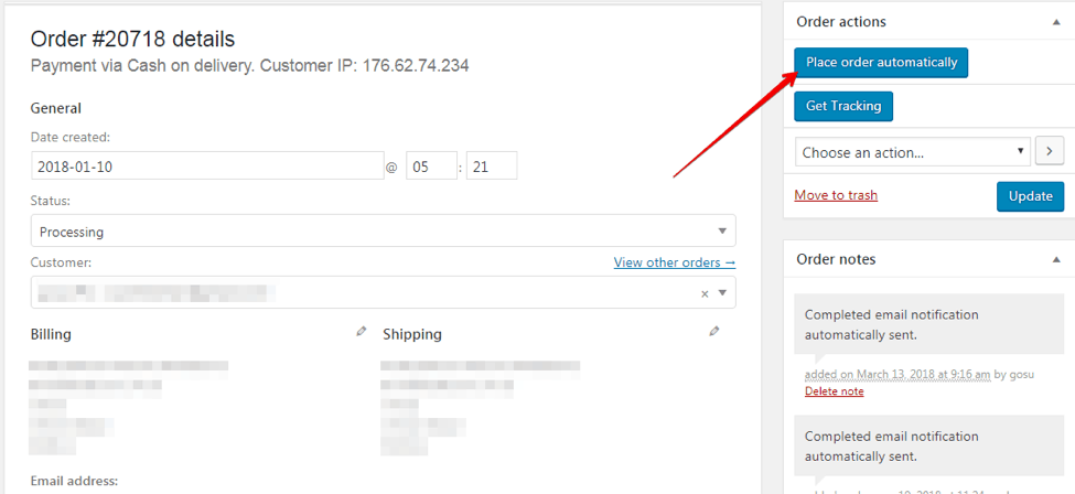Automated order processing on a dropshipping website