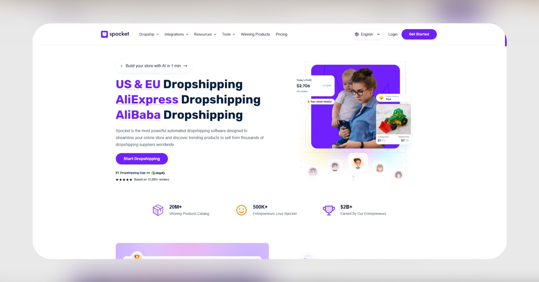 Screenshot of the Spocket's homepage for the Best dropshipping websites article