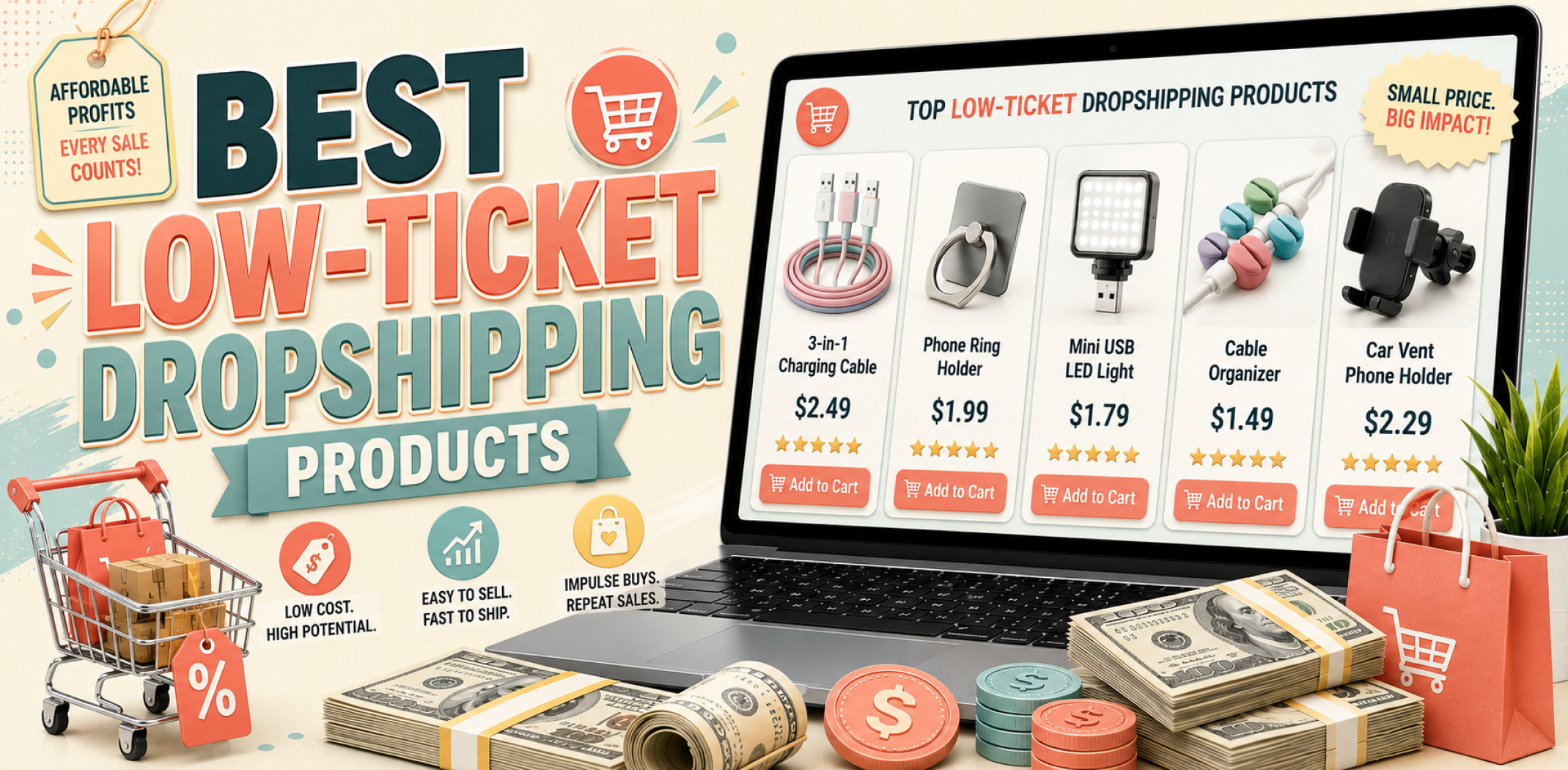 Featured image for an article about best low-ticket dropshipping products.