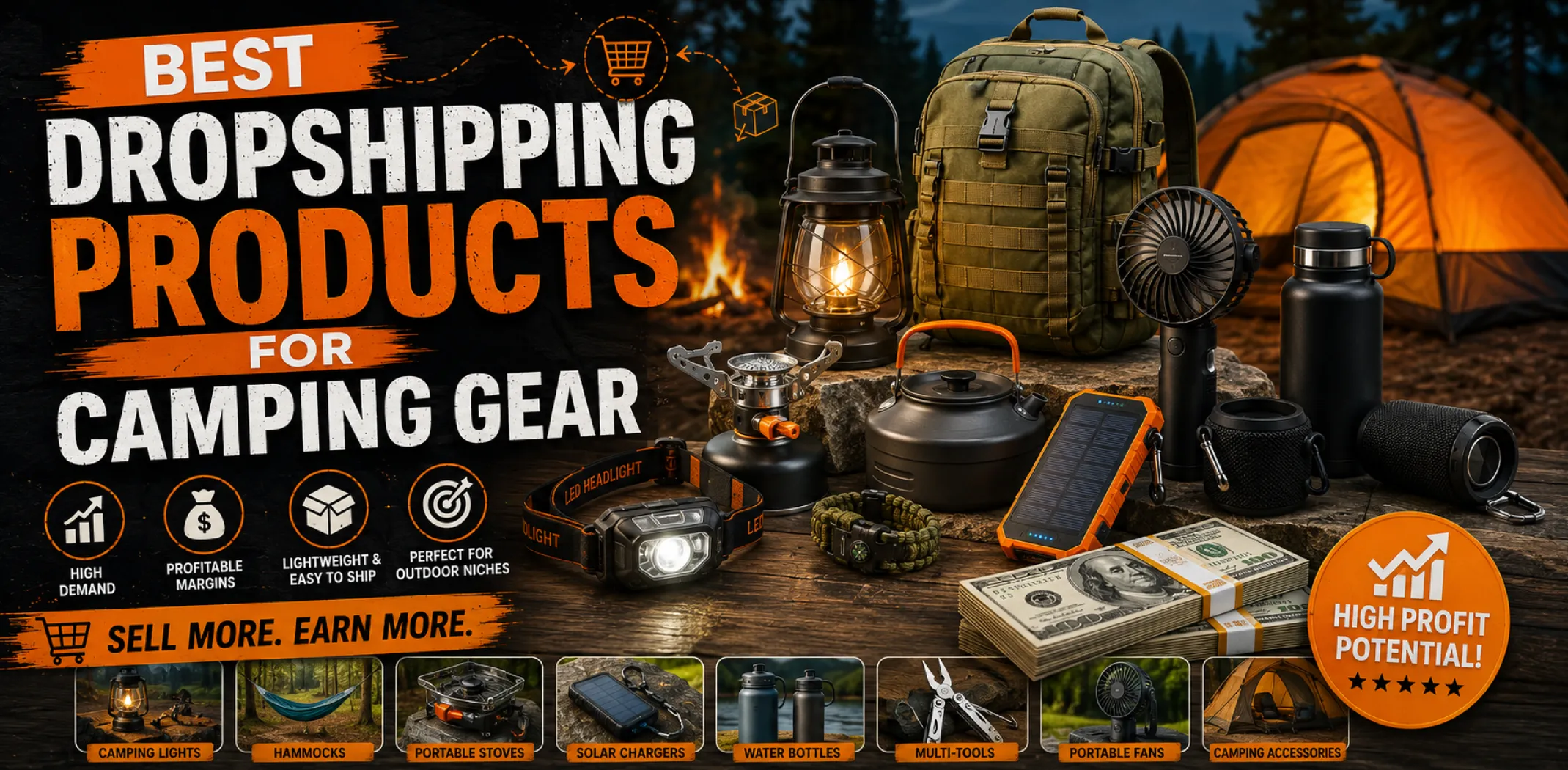 Featured image for an article about the best dropshipping products for camping gear